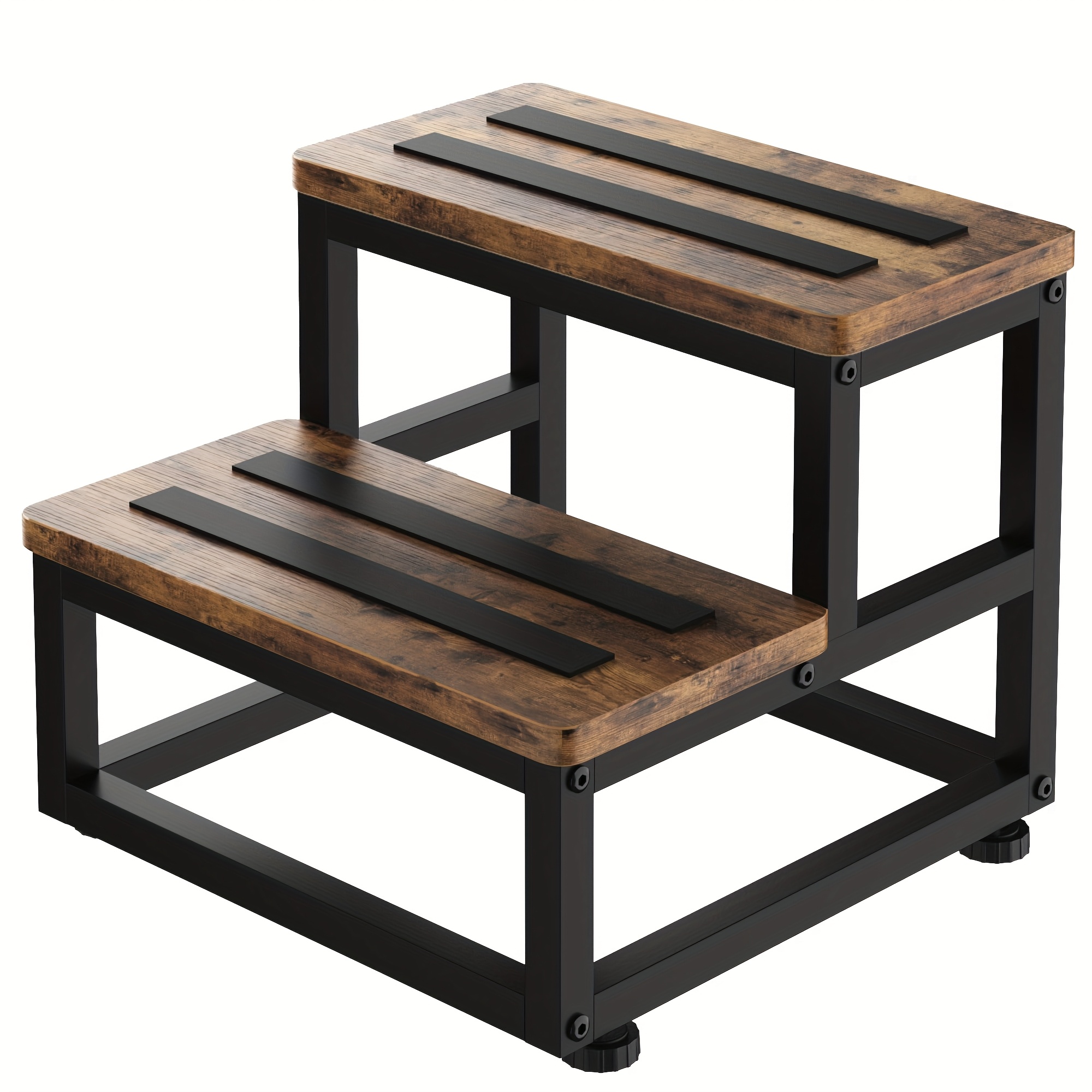 Image of 2 Step Heavy Duty Wooden Step Stool For Adults With Non-slip Surface And Protective Strip, 500 Lbs Capacity For Bedroom, Kitchen, Pantry, Bathroom, Outdoor Use, Easy Assembly, Black/rustic Brown
