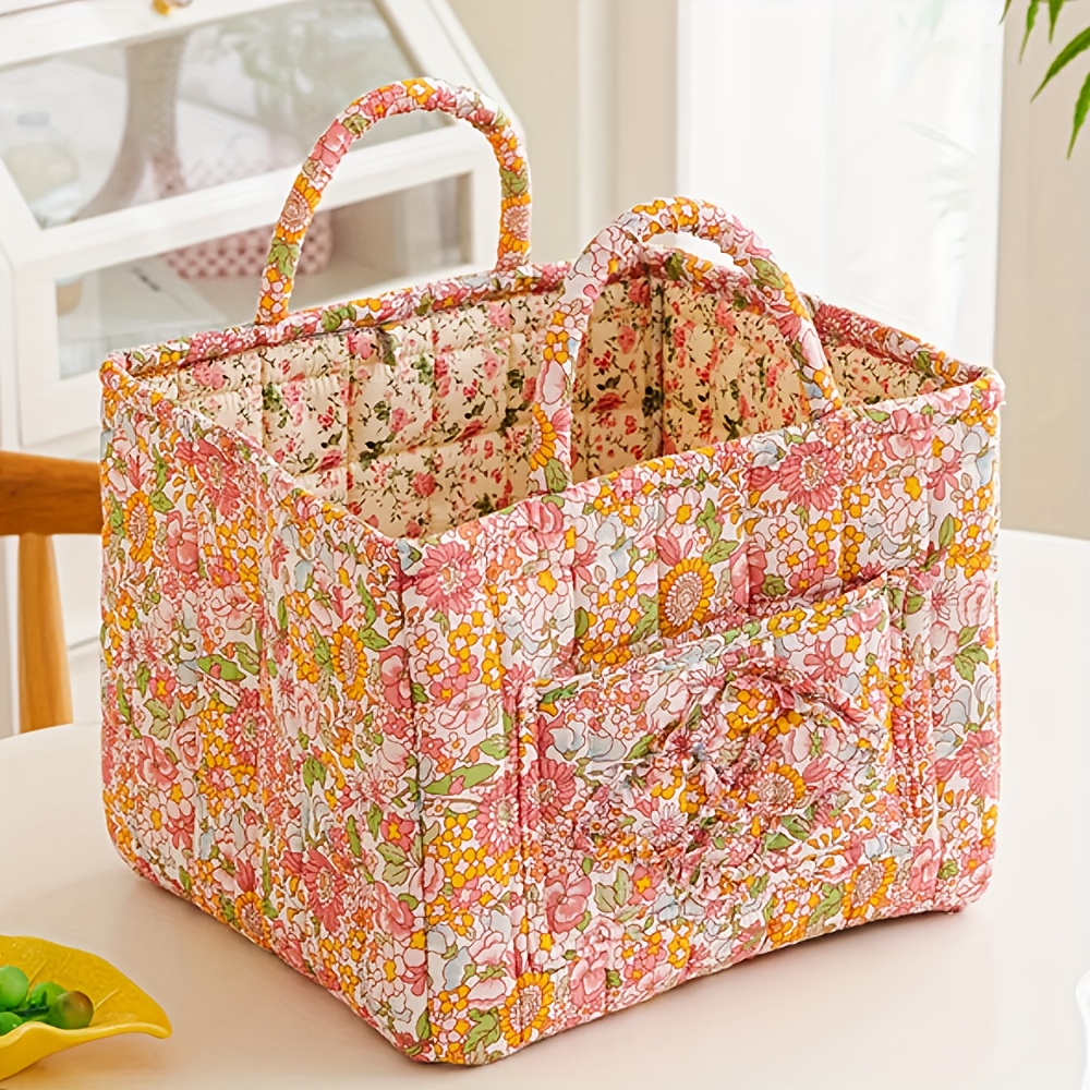 TEMU Floral Fabric Storage Bins With Handles- Desktop Storage Basket, Travel Folding Organizer, Portable, Multi-compartment Organizer For Clothes,