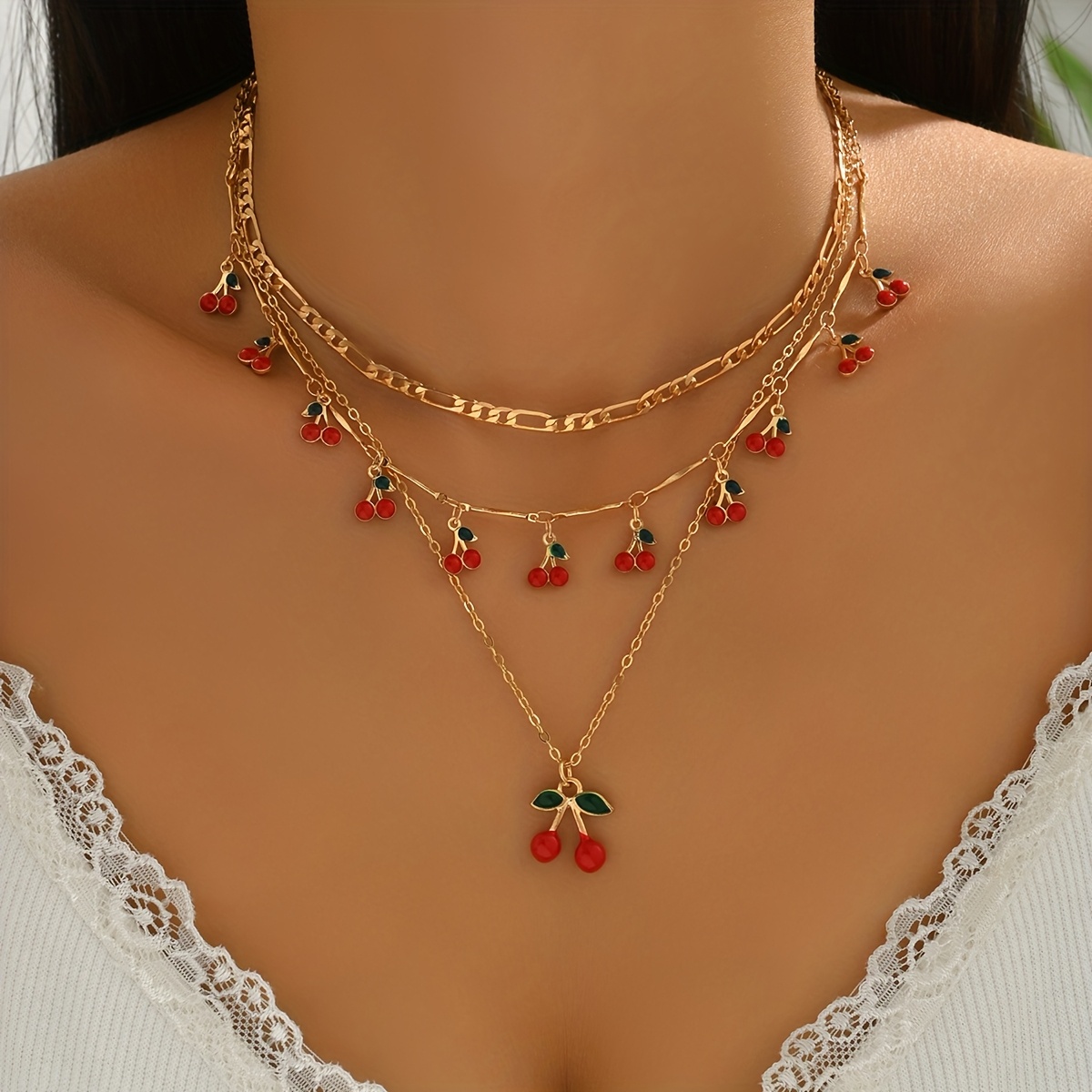 Image of 2/3pcs Cherry-themed Layered Necklace Design With /strawberry Pendants Vintage Jewelry Great For Casual Looks & Date Nights Must-have For Women Lady