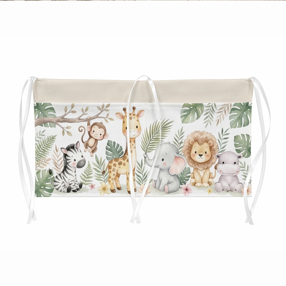 TEMU 1 pièce Sac de rangement de chevet à double couche en tissage jungle avec double poche, motif éléphant lion vert, sac de suspension polyvalent