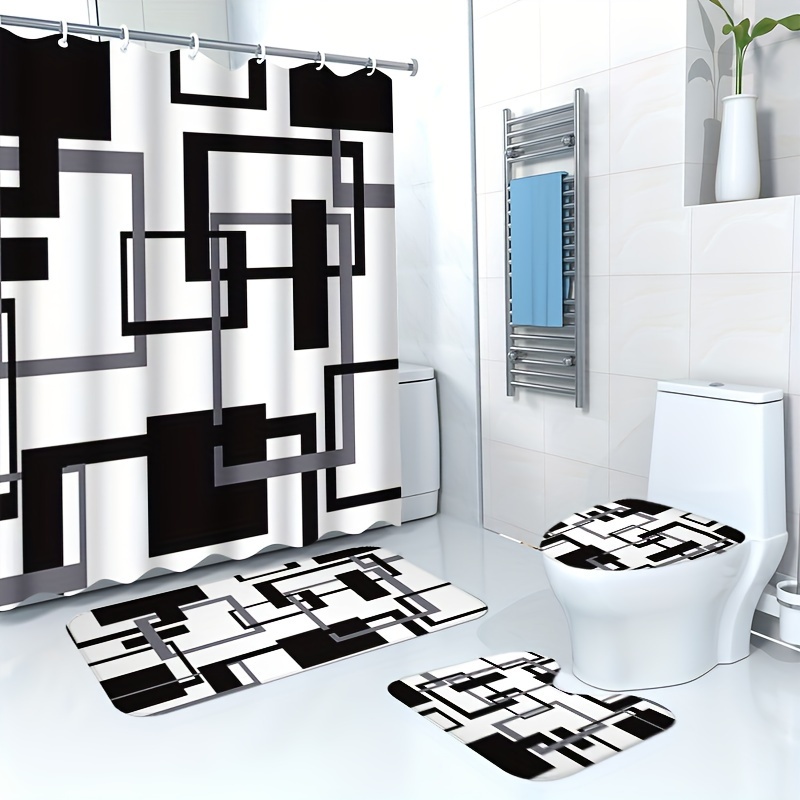 

4pcs Shower Curtain Set - , Bathroom Rug, U-shaped Mat & Lid - Decorative Bath Accessories