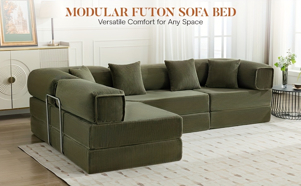 KERDOM Chenille Oversized Sleeper Sofa Couch, 170 Inches Extra Long Convertible 3-4 Person Pull-Out Sofa Bed, Sectional Convertible Corner Sofa, Combination Spliced Block Sofa Side Table