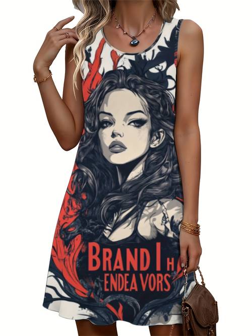 womens sleeveless graphic print midi dress soft breathable stretchy fabric round neck casual summer dress with bold red black artwork machine washable all season wear versatile fashion artistic design easy care fabric casual attire comfortable fit trendy outfit