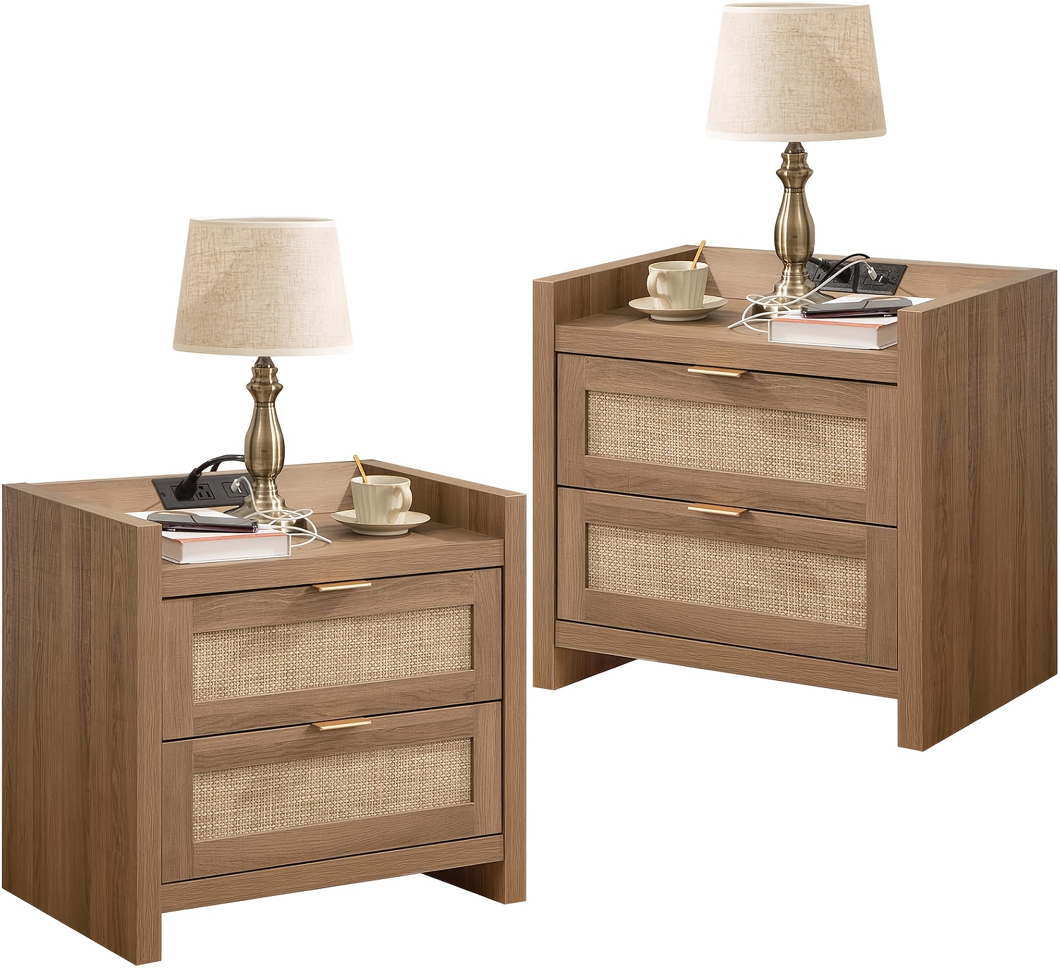 Boho Rattan Nightstand with Charging Station & 2 Drawers 10 Hand-Woven Rattan Drawer and Charging Port Detail