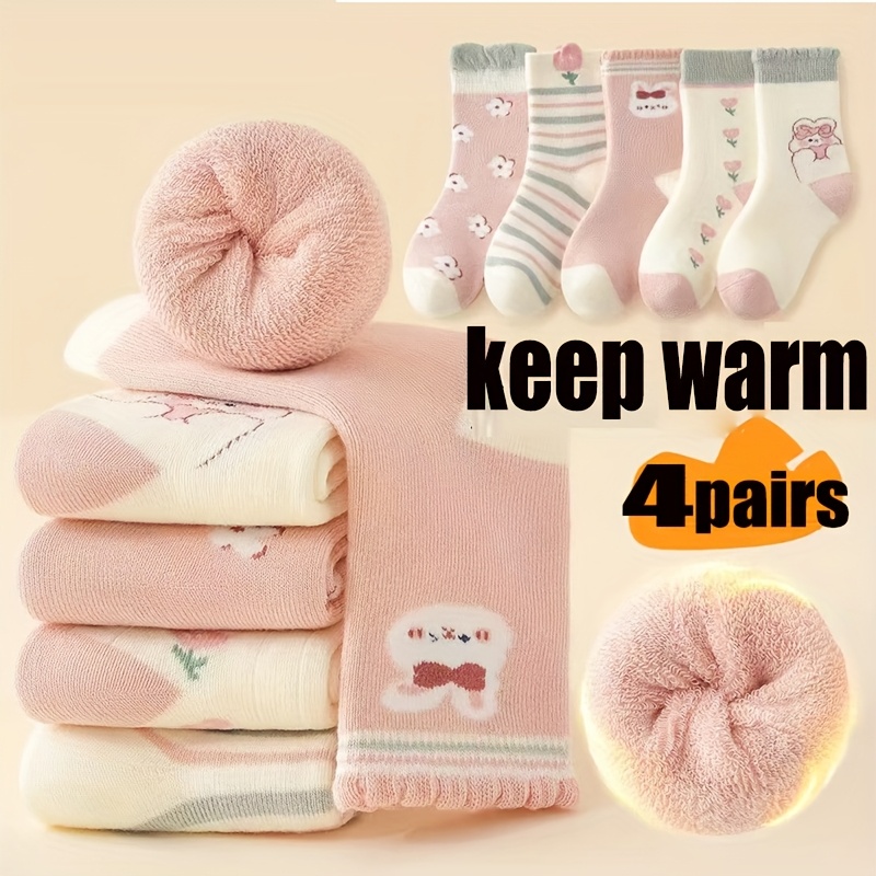 4-pair Pc Girls' Kids Plush Circle Thick Warm Soft Bunny Floral Cartoon Mid-calf Socks, Random Colors