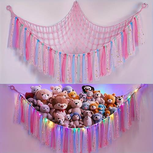 59 inch led light up stuffed animal hammock net with colorful tassels battery powered hanging storage for nursery bedroom decor aa batteries not included hammock for stuffed animals batteryoperated lights decorative tassels
