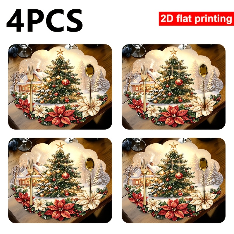 TEMU 4pcs Christmas Tree Round Placemats, 2d Flat Printed Wavy Lace Winter Snow Scene Cabin Poinsettia Table Mats, Washable Heat-resistant Non-slip
