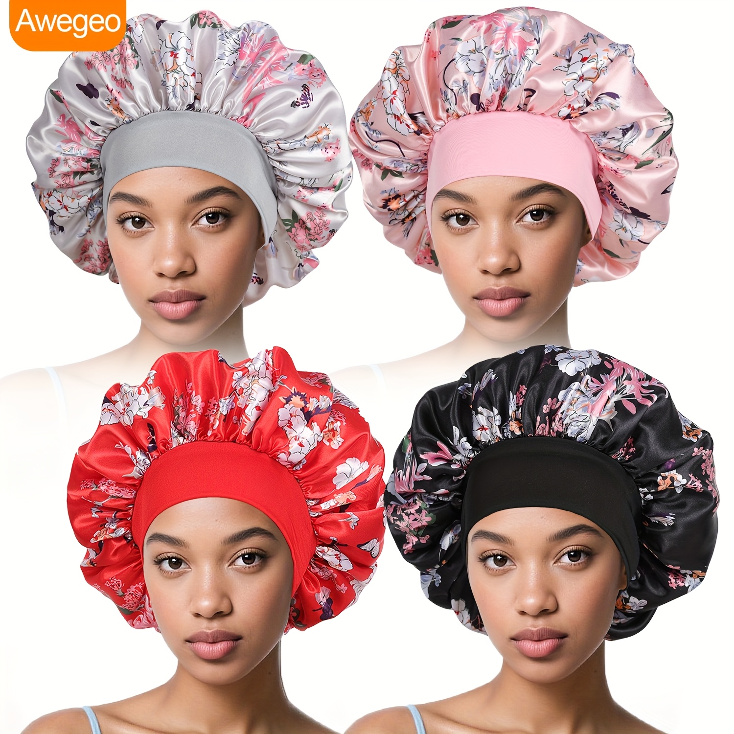 4pcs Women's Elastic Bonnet, Soft And Breathable Home Sleeping Cap, Fashionable Printed Design, Hair Care Cap