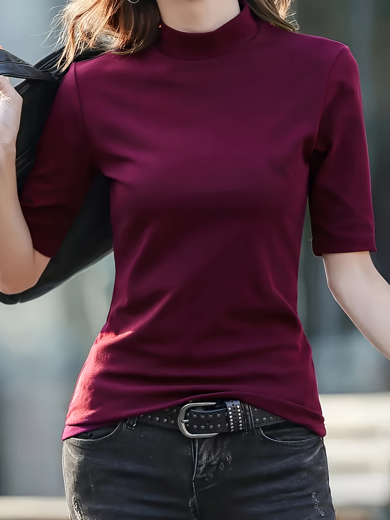 Women's Casual T-Shirt - High Elasticity Solid Green Crew Neck Top, Machine Washable & Dry Cleanable, Regular Fit All-Season Versatile Shirt for Casual Attire, Ladies T Shirts, Elegant Style, Highelasticity Fabric