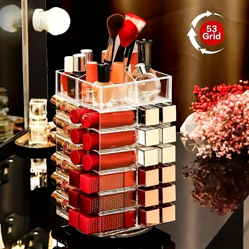 53 grid transparent acrylic makeup organizer rotating cosmetic display stand for lipsticks brushes perfumes skincare space saving countertop storage with elegant design for vanity or bathroom makeup vanity desk   durable construction Product details 0