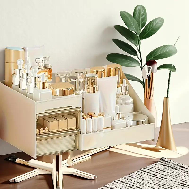 large cosmetic storage box with drawers suitable for bathroom organization used for perfumes creams skincare products makeup brushes and beauty tools polished multi compartment design durable space saving vanity organizer sturdy structure high quality plastic material essential for skincare enthusiasts Product details 2