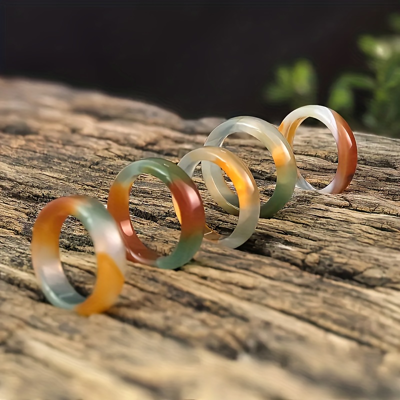 Natural Agate Ring with Marble Green & Orange-Brown Gemstones