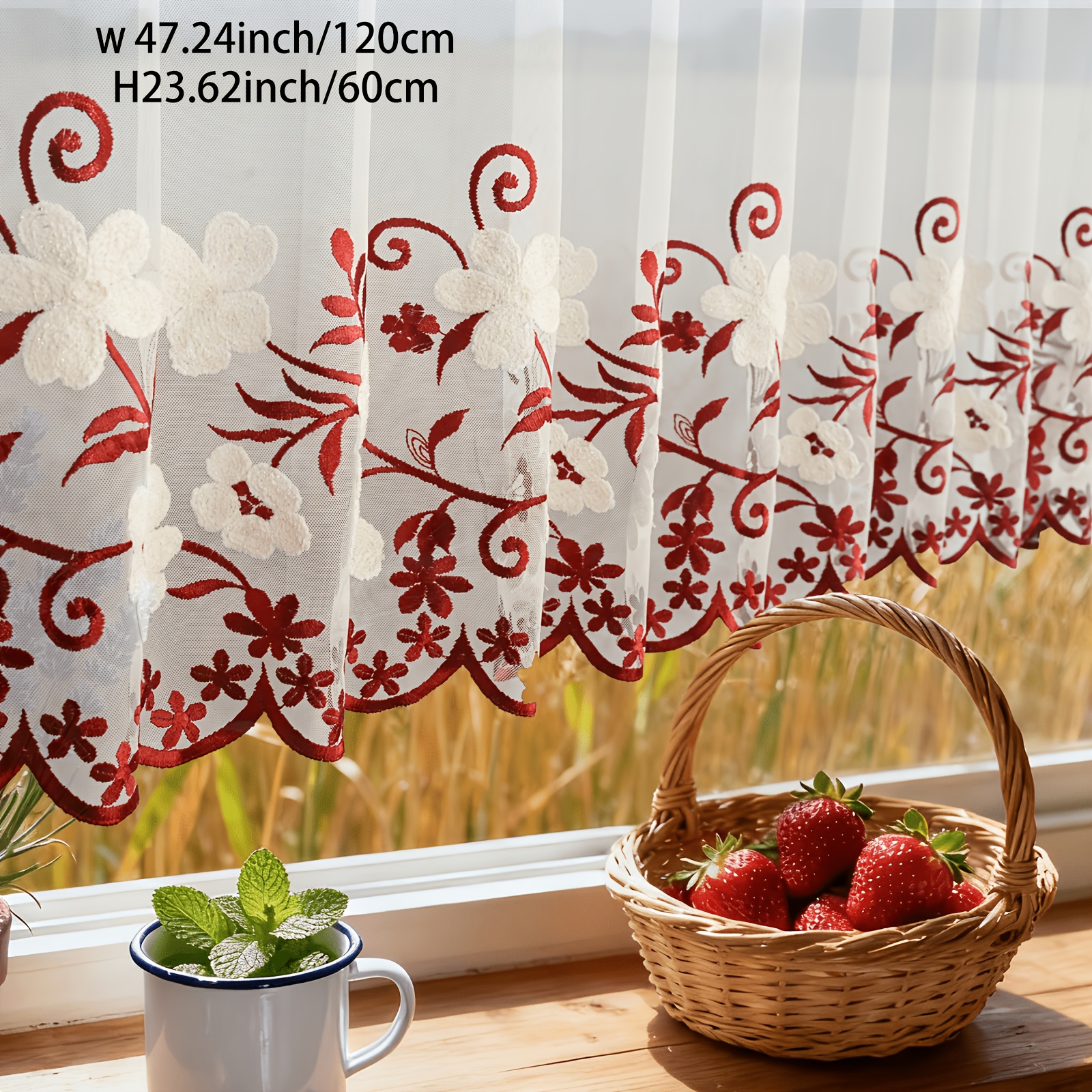 TEMU Rideau de café semi-transparent en dentelle brodée avec passe-tringle, rideau de cuisine pour petite fenêtre, 1 pièce de tissu décoratif pour et