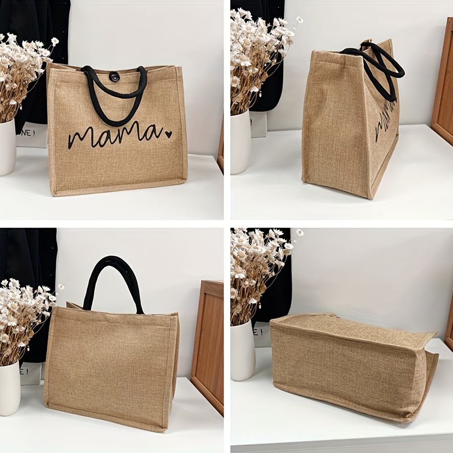 mama letters print tote bag fashion burlap shoulder bag portable travel picnic bag shopping bag gift for womens day details 3