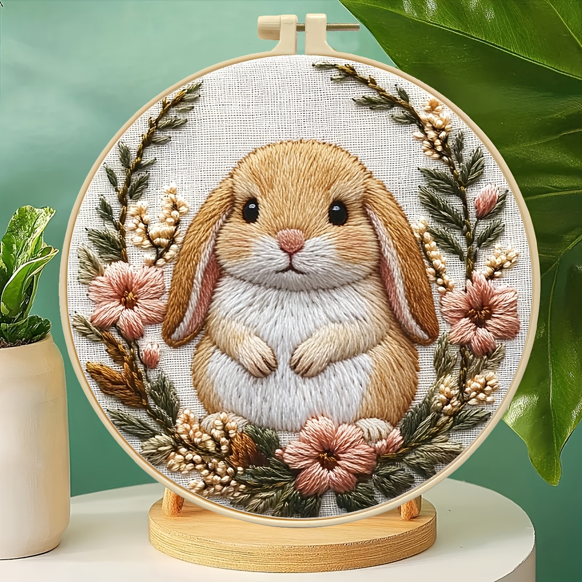 TEMU 1 Set Floral Wreath Bunny Pattern Printed Embroidery Kit, A Diy Embroidery Kit For Adult Beginners And Diy Embroidery Enthusiasts. Includes