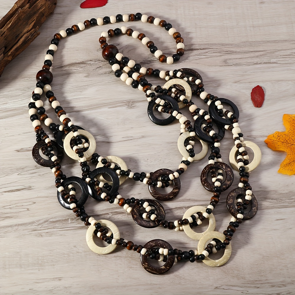 

Boho-chic Handcrafted Wooden Multi-layer Necklace - Versatile & Stylish For Everyday Wear And Festivals