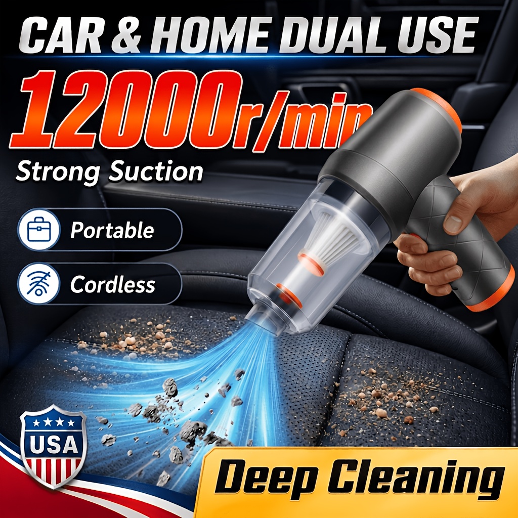 TEMU 250000pa Cordless Handheld Car Vacuum Cleaner, Portable Vacuum For Car & Home, Usb Type-c Rechargeable Auto Interior Cleaner For Seats, Carpets