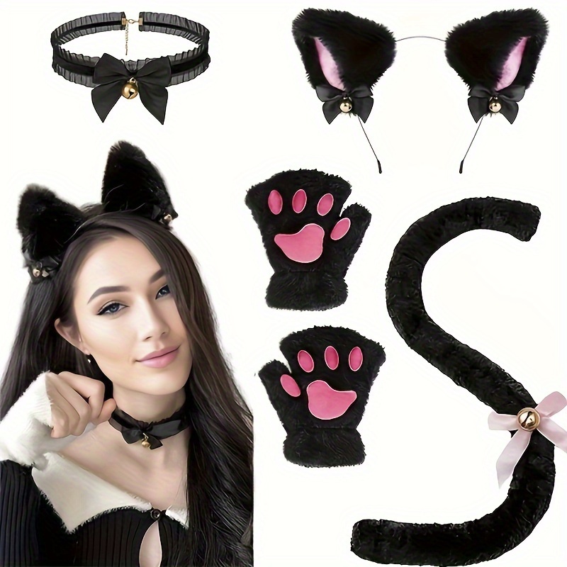 

Cute Cat Cosplay Costume Accessories Set With Cat Ears Headband, Paw Gloves, Tail, Choker - Polyester Fairy Theme Outfit Kit For Dress Up - Hand Washable