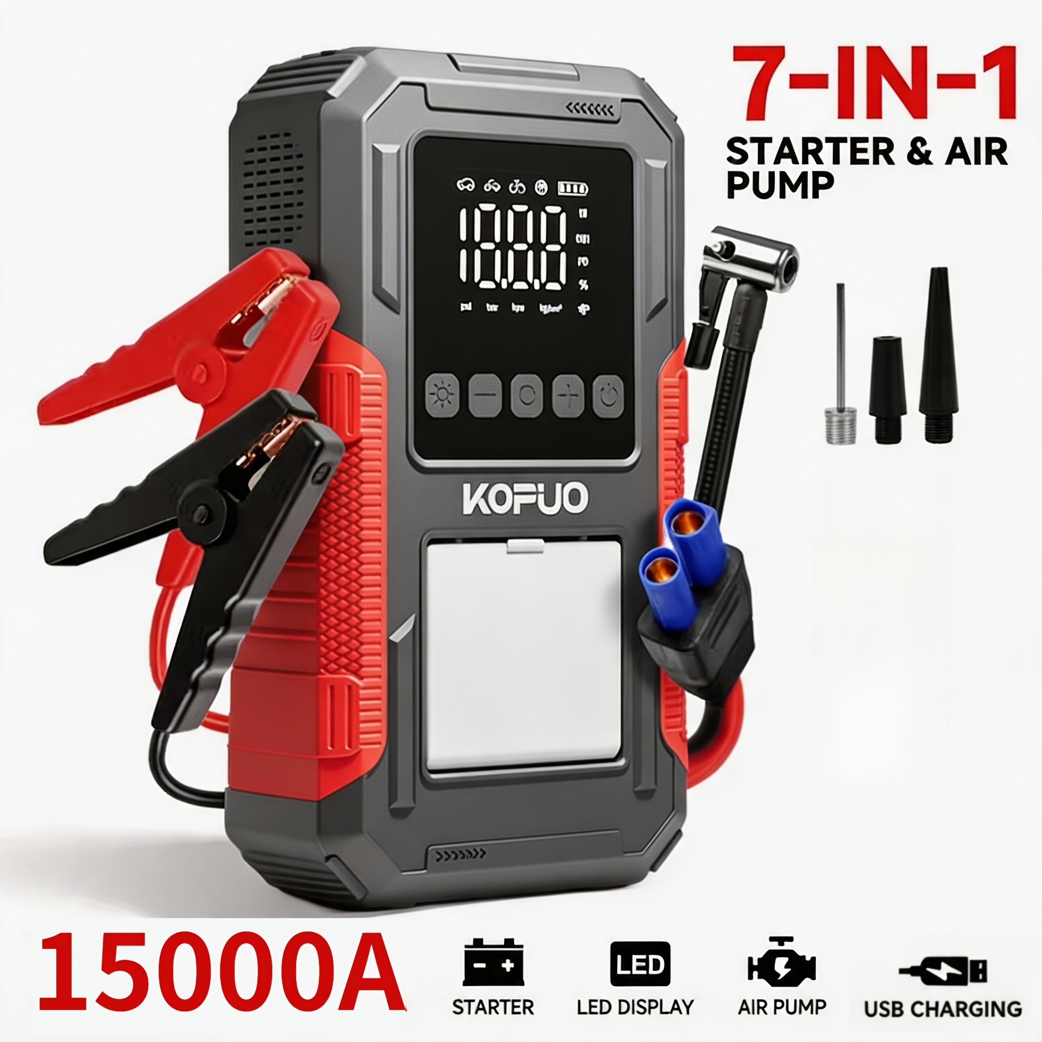 15000a Portable Car Jump Starter With 160psi Air Compressor, 12v Emergency Battery To 8.0 Gas/6.5l Engines, 7-in-1 Power Bank With Lcd Display And Led Lights