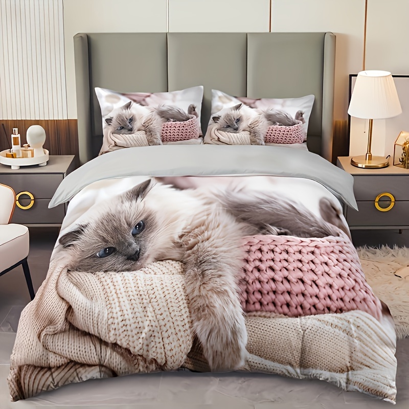 3pcs Cat Print Bedding Set - Includes 1 Duvet Cover & 2 Pillowcases, Breathable Polyester, Machine Washable - Perfect For