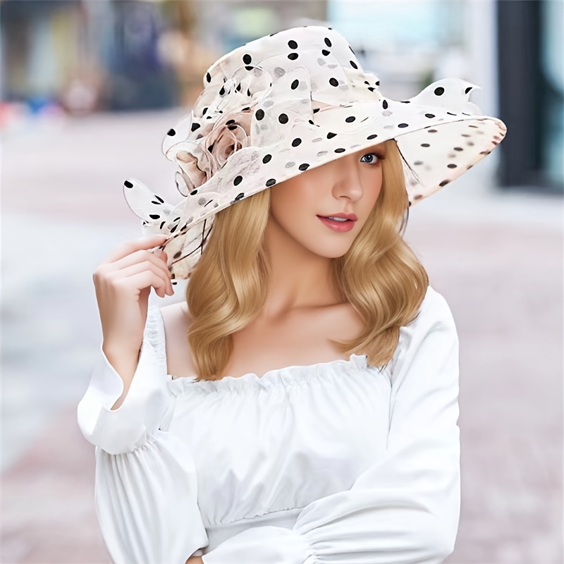 Polka Dot Organza Sun Hat, Bucket Hats Elegant Wide Brim Lace Derby Hats Lightweight Thin Breathable Travel Beach Hats for Women Girls,Temu