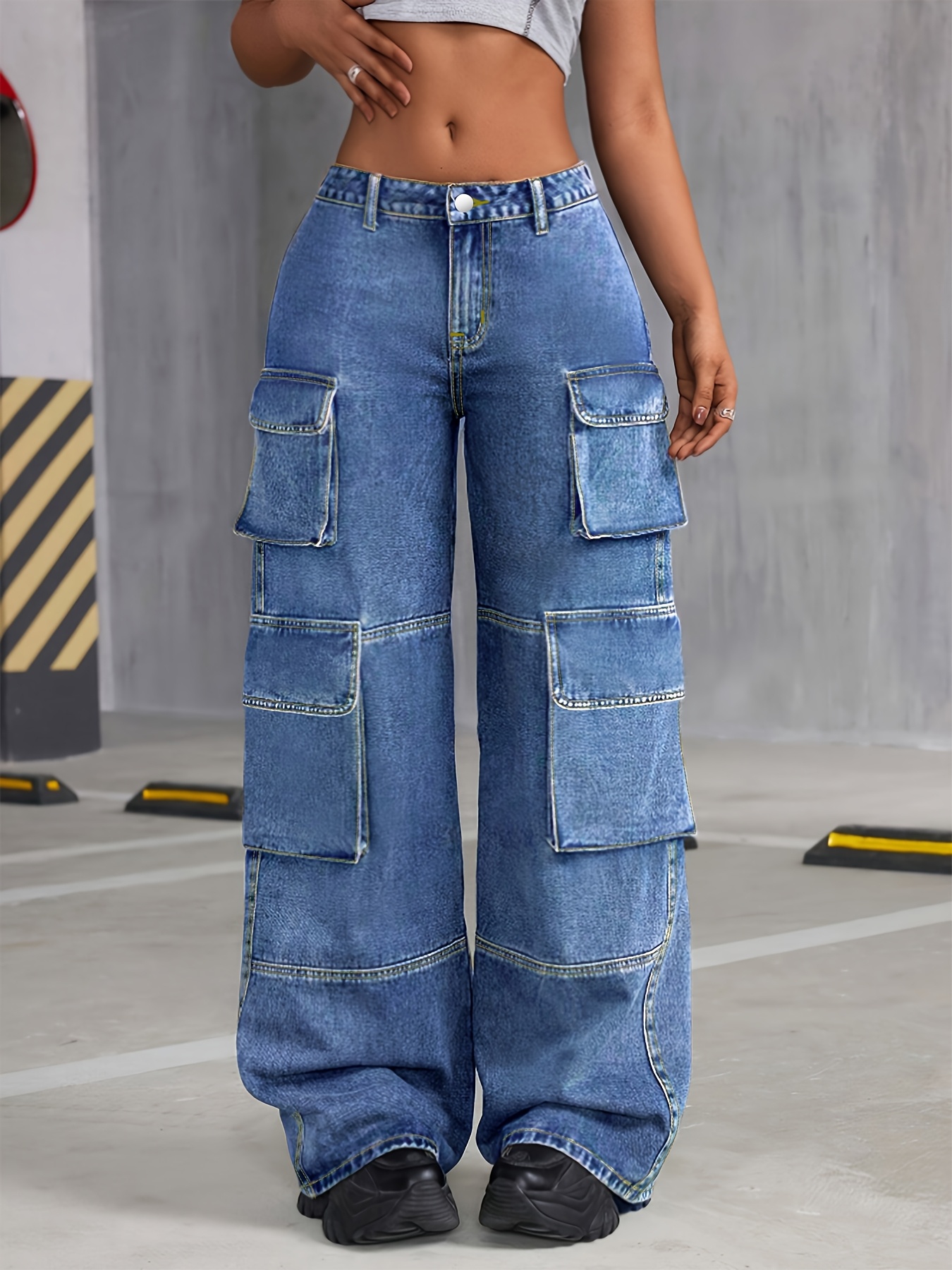 Pantaloni Bottoni Tasche Jeans Jeans Palazzo Con Bottoni Oro Blu