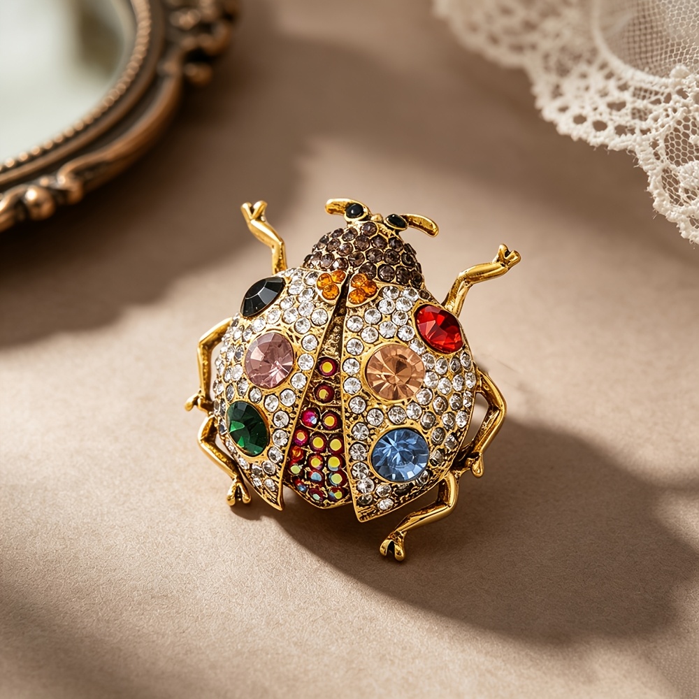 TEMU 1 pièce Broche coccinelle vintage vieillie incrustée de strass, vintage, épingle de décoration pour costume et trench, accessoire de et de fête,
