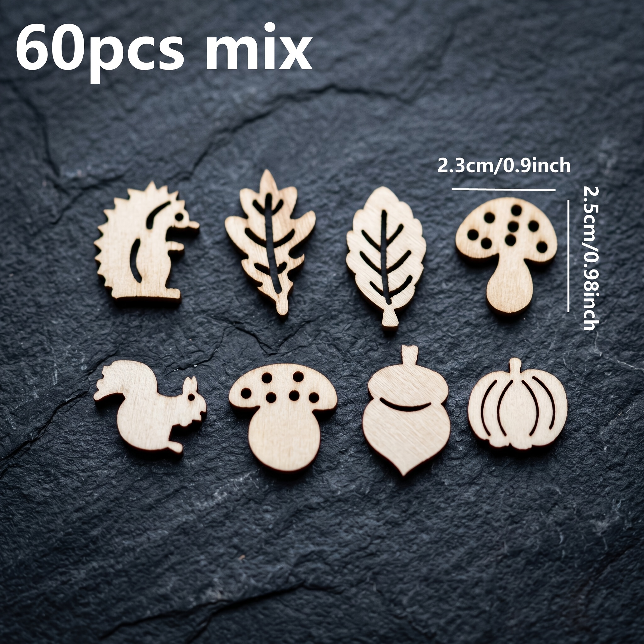 TEMU 60pcs Set Of Wooden Mini , Squirrel, Leaf, Mushroom, Hedgehog, And Pumpkin Shaped Ornaments, Suitable For Diy Hand-painting Party Decorations,