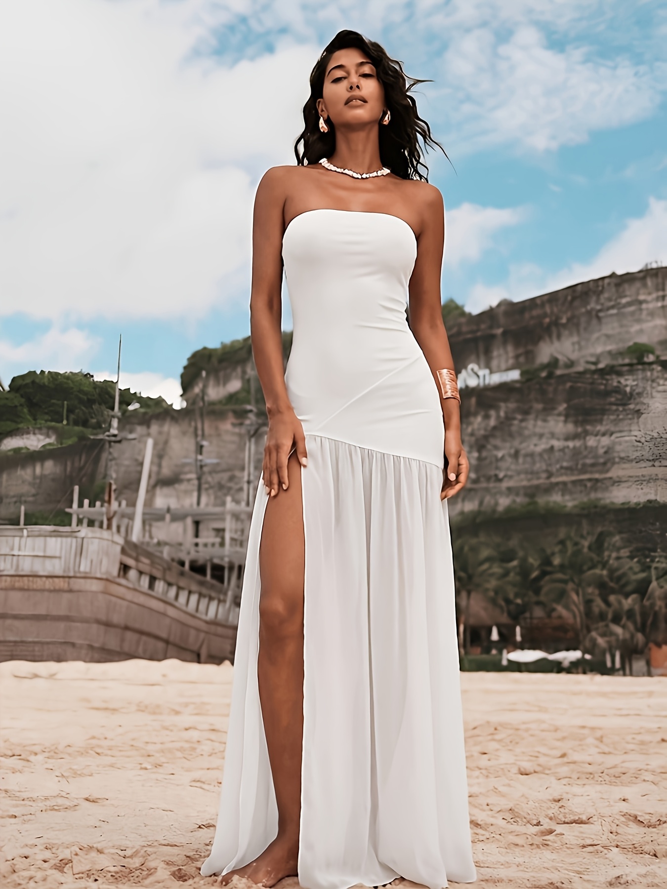 knee length dresses for ladies Arianna Rhinestone Mesh High Slit Column Dress