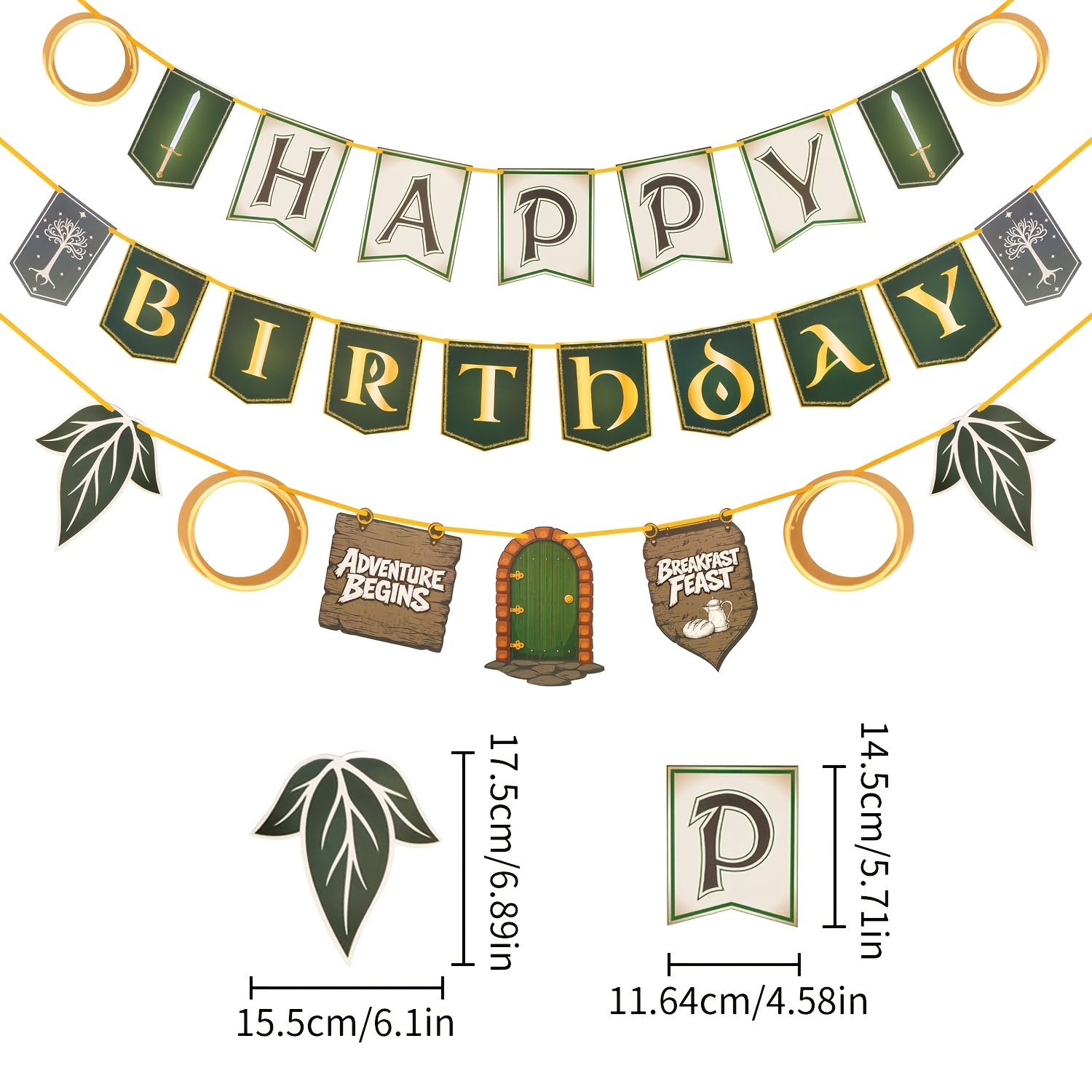 TEMU Medieval Fantasy Happy Birthday Banner, Vintage Green Themed Paper Bunting Garland With Leaf, Ring, Sword, Wooden Door & White Tree Elements,