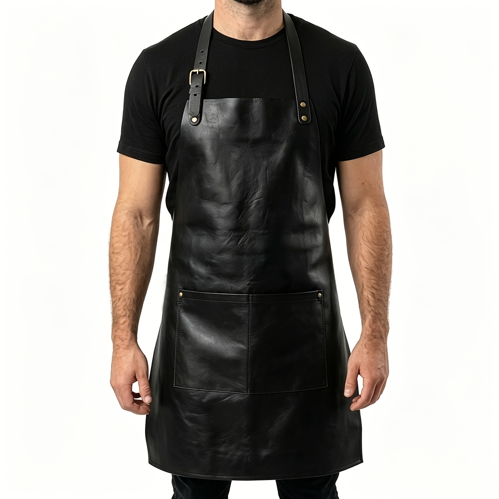 TEMU Adjustable Neck-strap Apron With 2 Large-capacity Pockets, Brown Pu Leather, For Woodworking, Barista, Bartender, Leatherworker, Pottery,