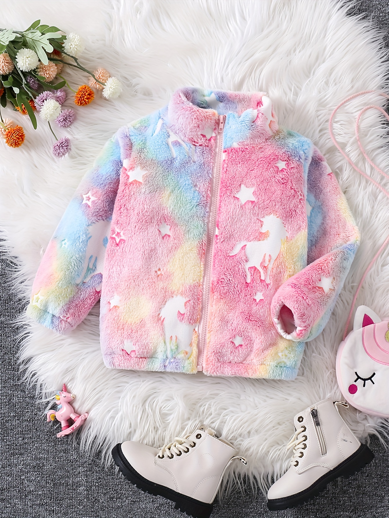 Girls' Cute Zipper Collar Fleece Reversible Casual Outing Warm Coat