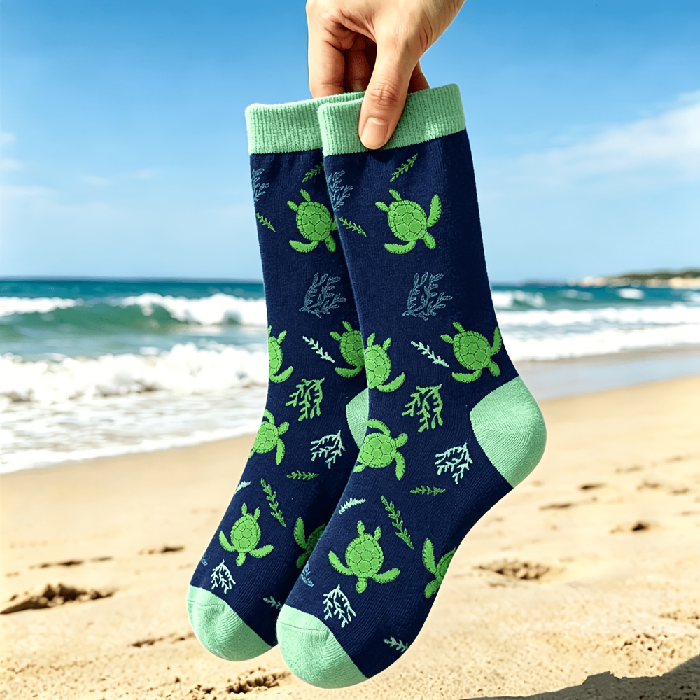 TEMU 1 Paar wadenhohe Socken mit Schildkröten-Aufdruck für Damen & Herren – Unisex Freizeit-Crewsocken im Strand-Design, geeignet für Strandausflüge,