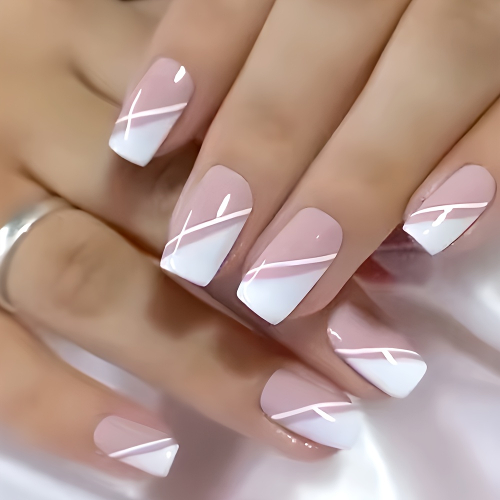 24pcs French Manicure Press-on Nails, Middle Length Square Shape, Glossy Finish, With White , Removable Fake Nail Set