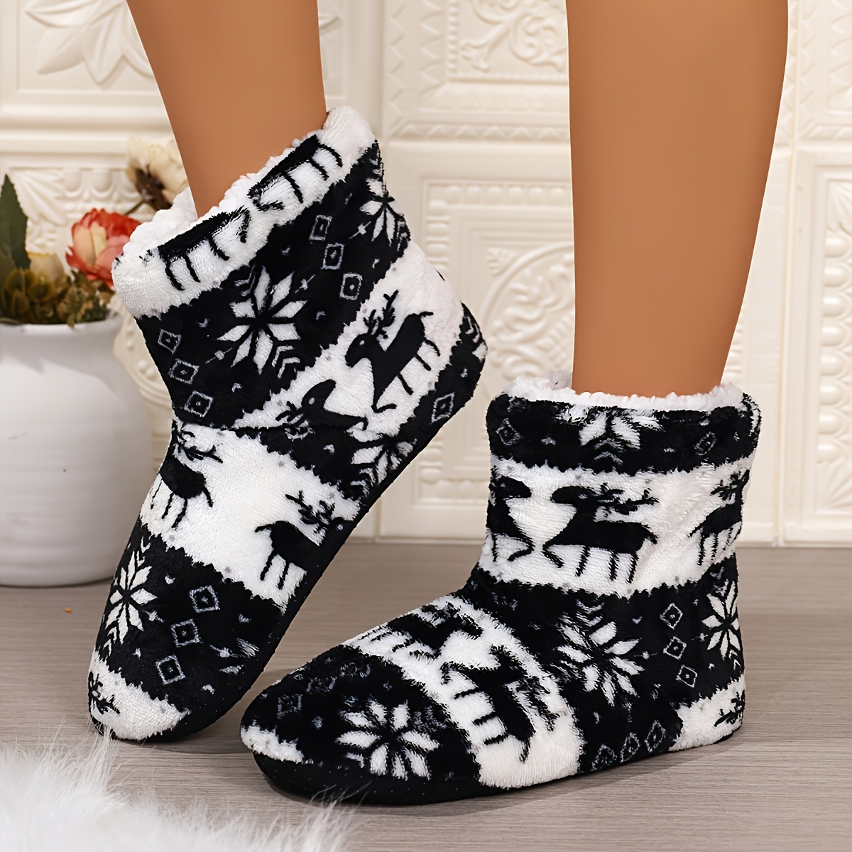 TEMU Men's And Women's Indoor/outdoor Home Shoes, Vintage Mid-calf Boots, Couple's Style, Plush-lined And Thickened House Slippers, Women Shoes
