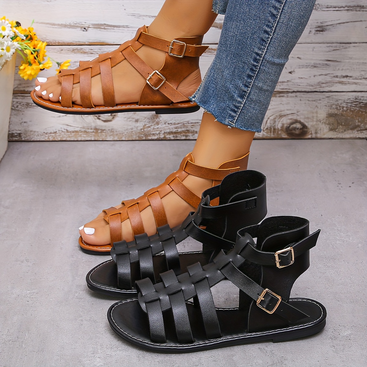 

Women's Fashion Solid Color Sandals, Strappy Buckle Flats, Summer Footwear For Casual Outfits