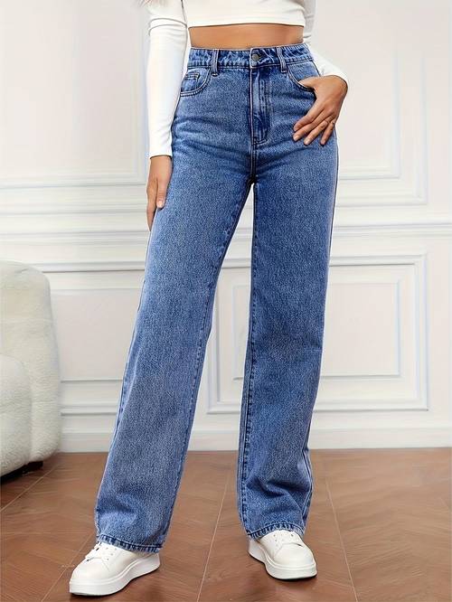 womens high waist straight leg jeans casual light blue denim wide leg slash pockets zip fly machine washable wear