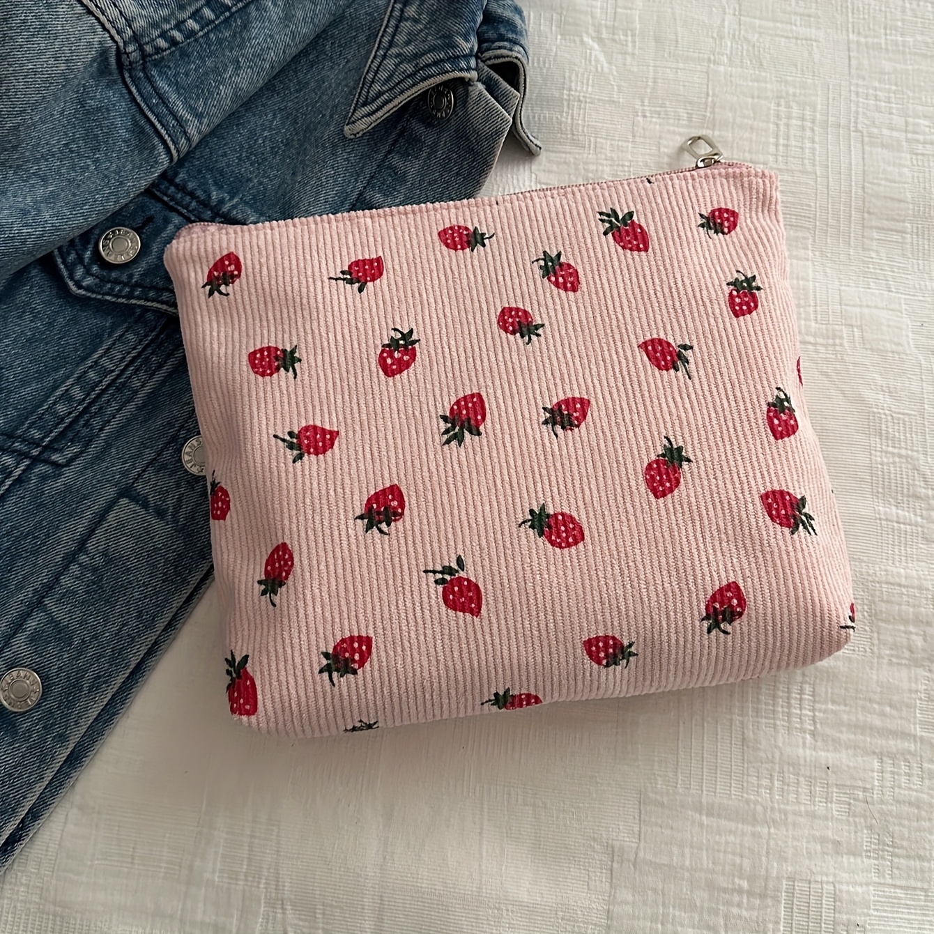TEMU 1pc White Pink Strawberry Corduroy Women's Handbag Small Cloth Bag Storage Bag Coin Purse Cute Birthday Gift