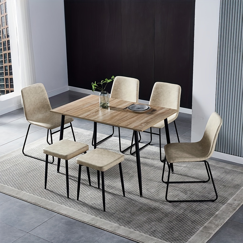 

47"(w) Modern Wooden Dining Table Set For 4/6, With 4 Armless Dining Chairs Plus 2 Sturdy Stools Faux Leather Metal Frame, Dining Room Kitchen Apartment