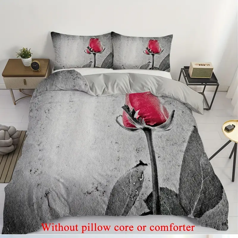 2 3pcs 1 duvet cover 1 2 pillowcase without core retro grey background red rose flowers valentines day couple print soft comfortable bedding set for bedroom dorm room family gift Product details 5