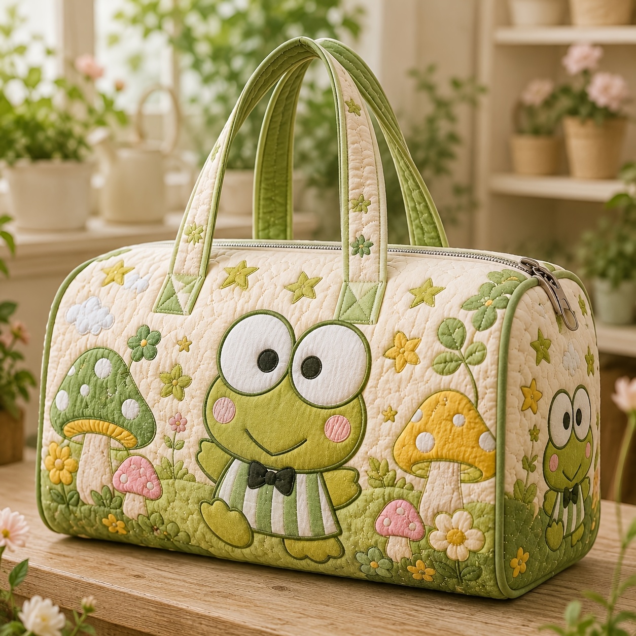 Image of Big- Frog Quilted Travel Luggage Bag, Cute Handbag, Large Capacity Tote Bag, Soft Padded Gym Overnight Bag, Heart-shaped Light-colored Beach Bag, Women's Multifunctional Carry-on Luggage Bag.