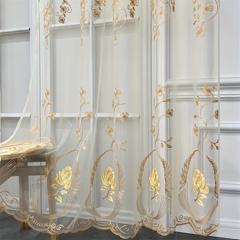 Image of 2pcs American Luxury Embroidery Sheer Tulle Curtains For Living Room Bedroom Door Window Grommet Valance Curtain Bedroom Living Room Home Partition Drapes