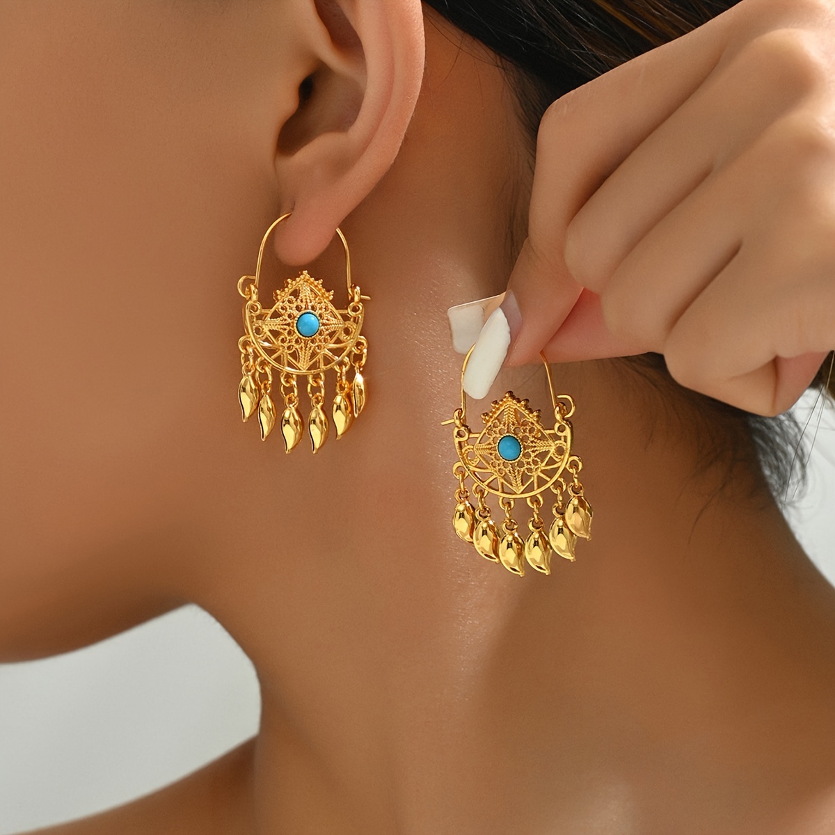 

A Pair Of Gold-plated Bohemian-style Half-moon Turquoise Hollow Tassel Hoop Earrings, Fashionable And , Suitable For Parties And Wear For Women.