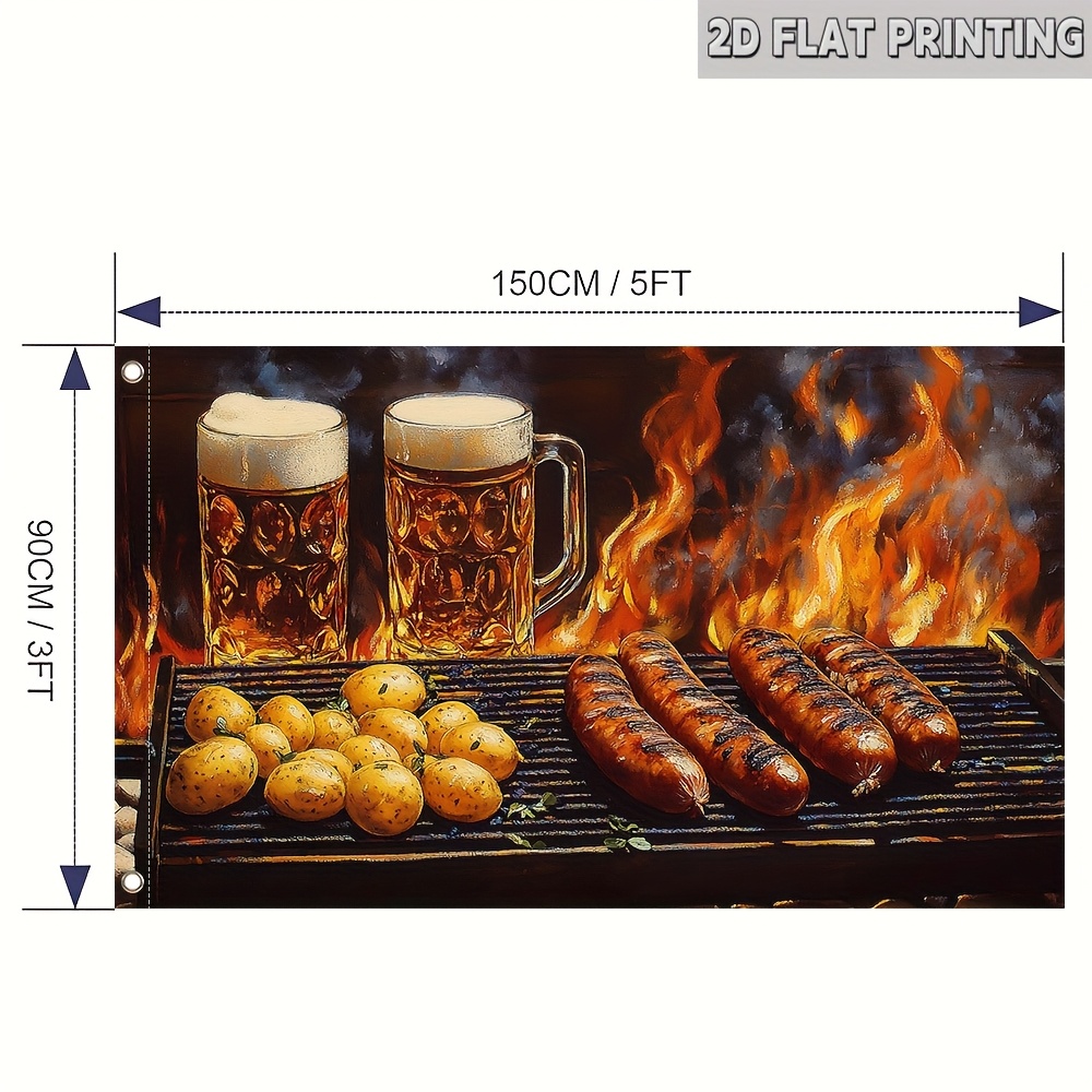 TEMU 1pc Oktoberfest Flag - Sausages Beer Mugs & Campfire Design, Durable Polyester Fabric 150x90cm ( Pole) Single-sided 2d Flat Print For Outdoor