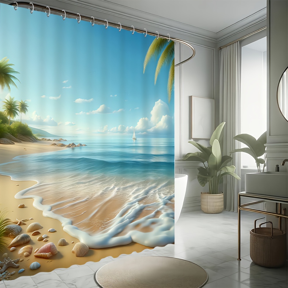 

1pc Beach Landscape Printed Shower Curtain, Waterproof Shower Curtain With Hooks, Bathroom Partition, Bathroom Accessories, Home Decor