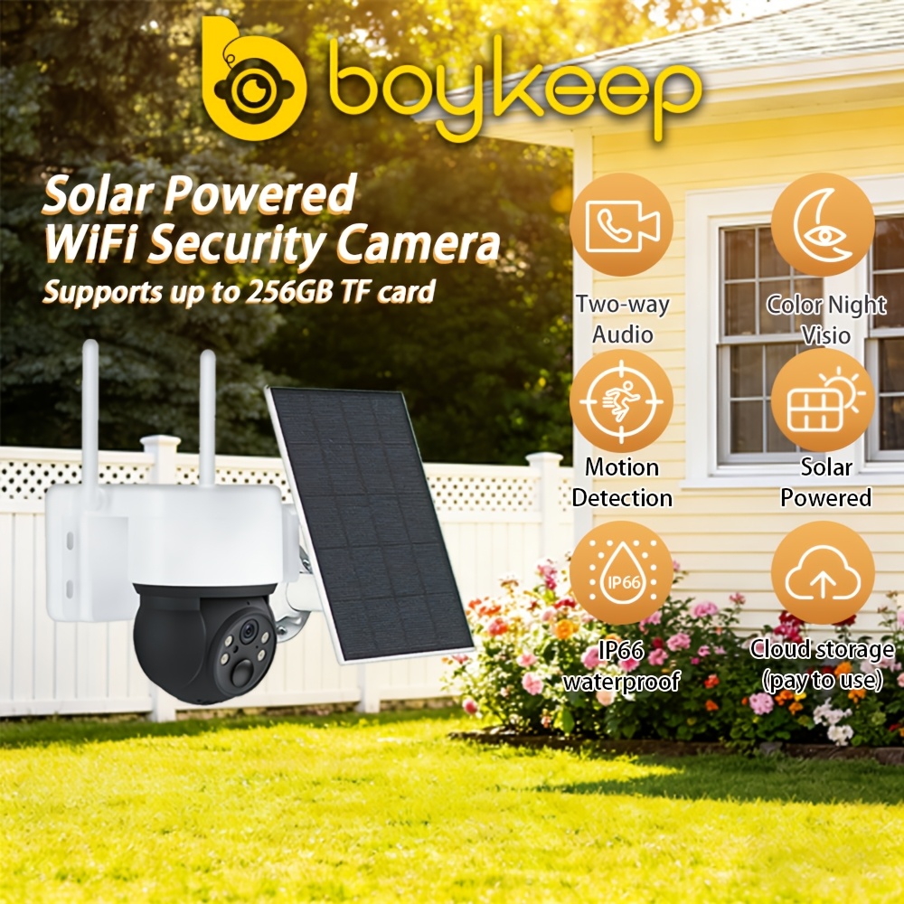 TEMU Boykeep H20 Solar Powered Wifi Security Camera : 3mp, 355°pan 90°tilt, Color Night Vision, Pir Motion Detection, 2-way Audio. Ip66, 5200 Mah