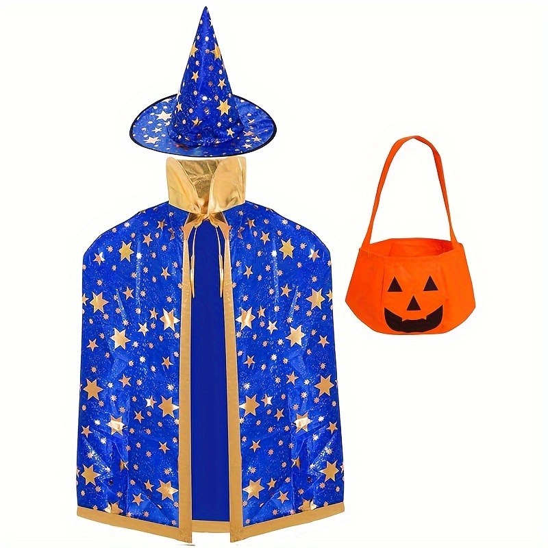 

Wizard Cloak With Hat And Pumpkin Candy Bag, Star Patterned Polyester Costume For Festival Role Play Parties, No Feathers - Photobooth Props Set