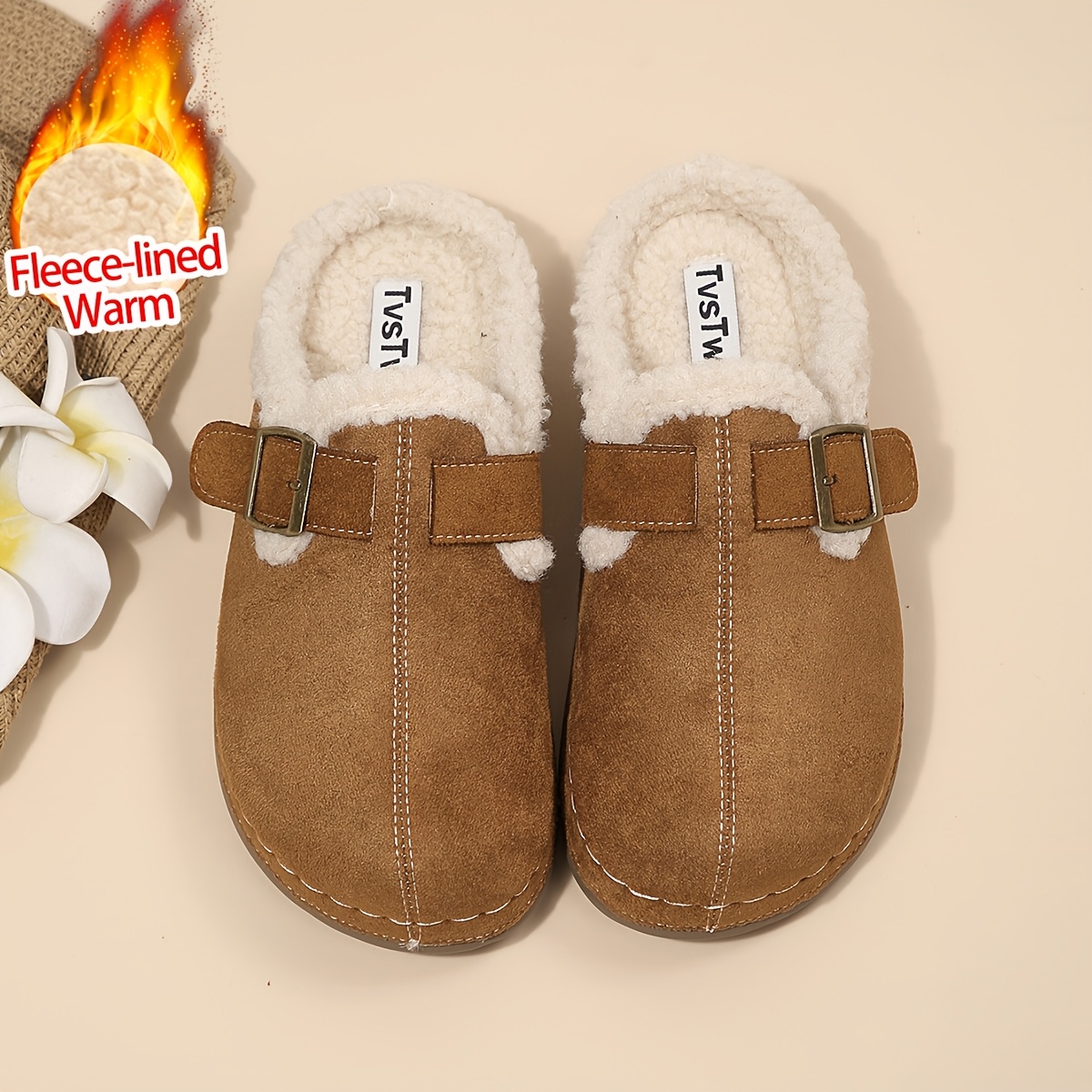 TEMU Autumn/winter Simple Design Plush-lined Warm Mule Slides