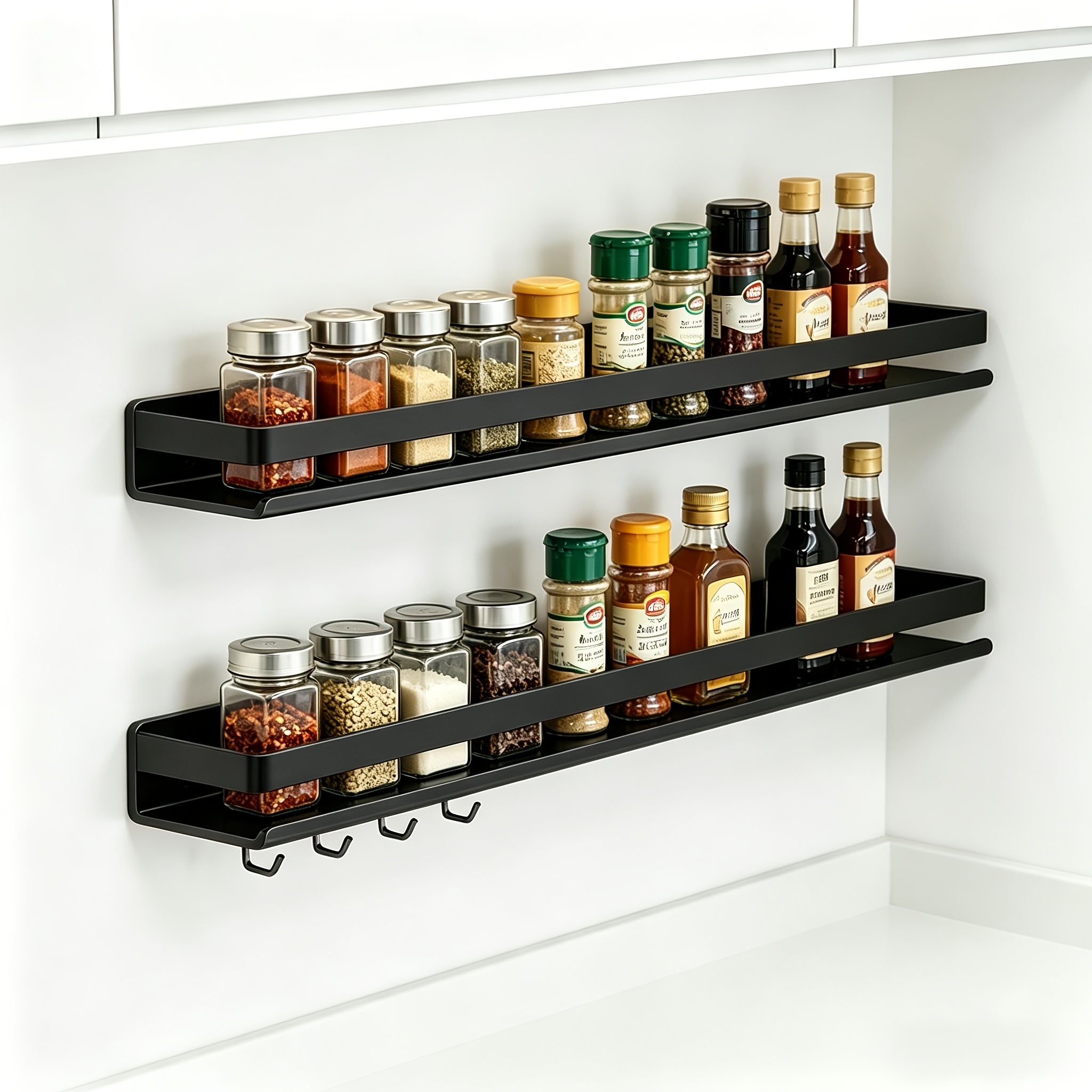 60cm Set Wall-mounted Condiment Rack, 2pcs Set With Hooks, Spice Rack Cabinet, 3 Color Options, Suitable For Kitchen, Bathroom (black, White, Gray) Condiment Racks