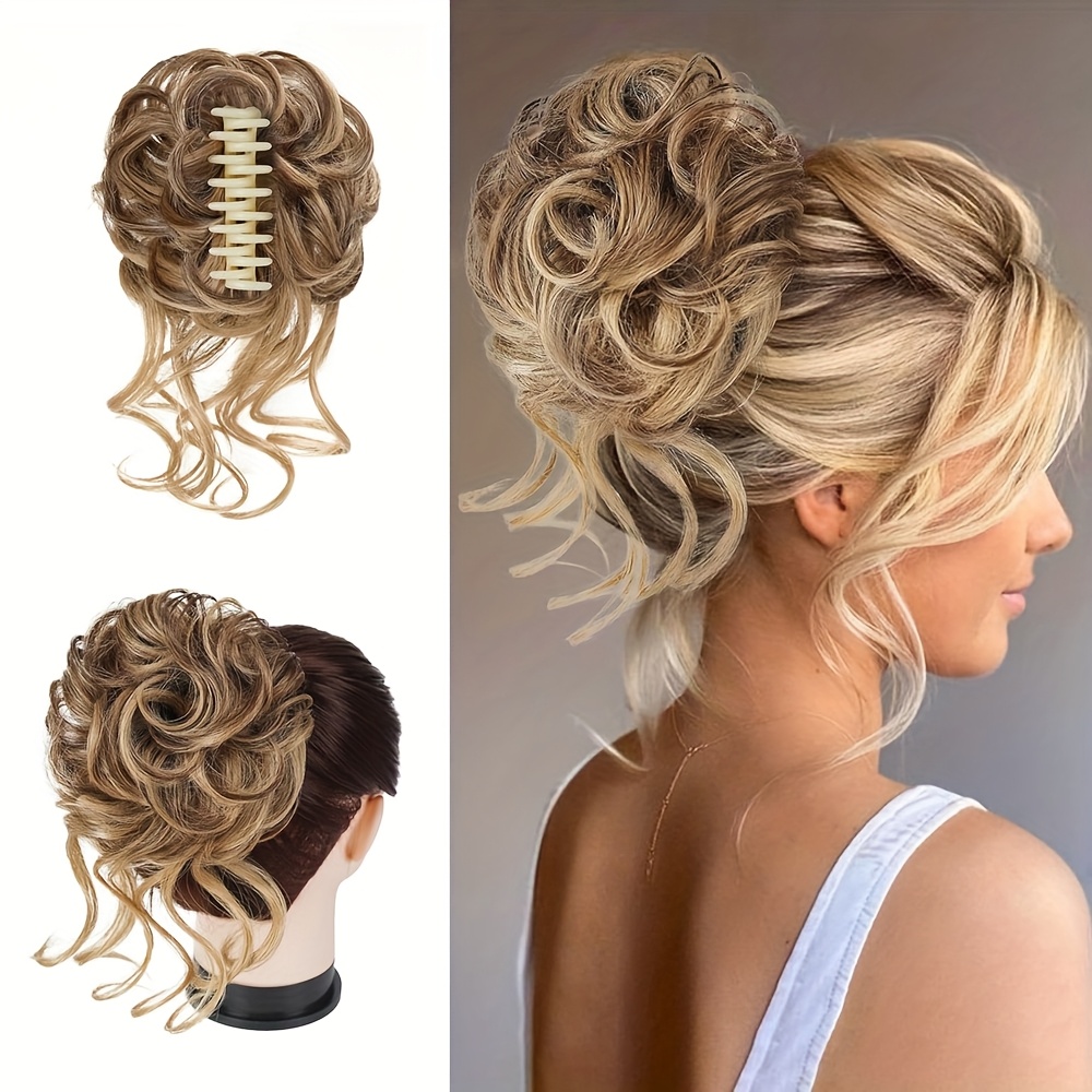 TEMU Zihan Elegant Claw Clip Messy Bun Hair Piece, Women's Brown Mix Blonde Updo Extensions, Synthetic Curly Hair Bun Scrunchie With Band, Tousled Hair Buns For Stylish Look